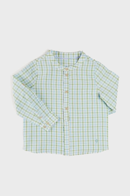 Maxwell Gingham Mao Collar Long Sleeve Shirt in Green