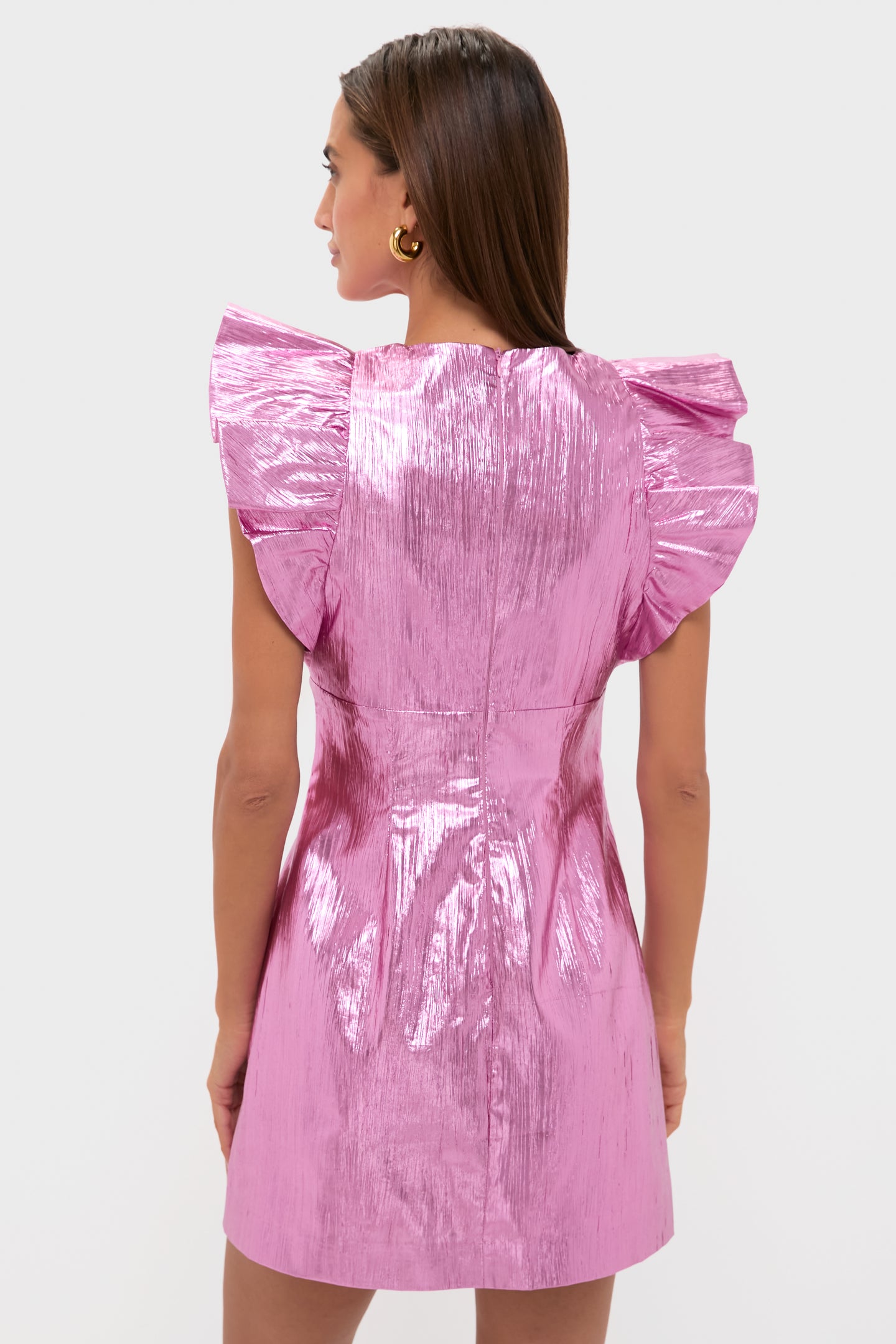 Pink Plisse Coolidge Mini Dress features ruffled cap sleeves and A-line skirt, embodying classic, effortless style for fun, high-end occasions.