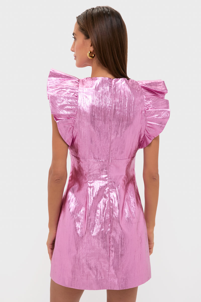 Pink Plisse Coolidge Mini Dress features ruffled cap sleeves and A-line skirt, embodying classic, effortless style for fun, high-end occasions.