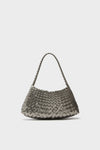 A hand-woven silver leather bag by Dragon Diffusion, featuring a single braided shoulder strap for timeless elegance.