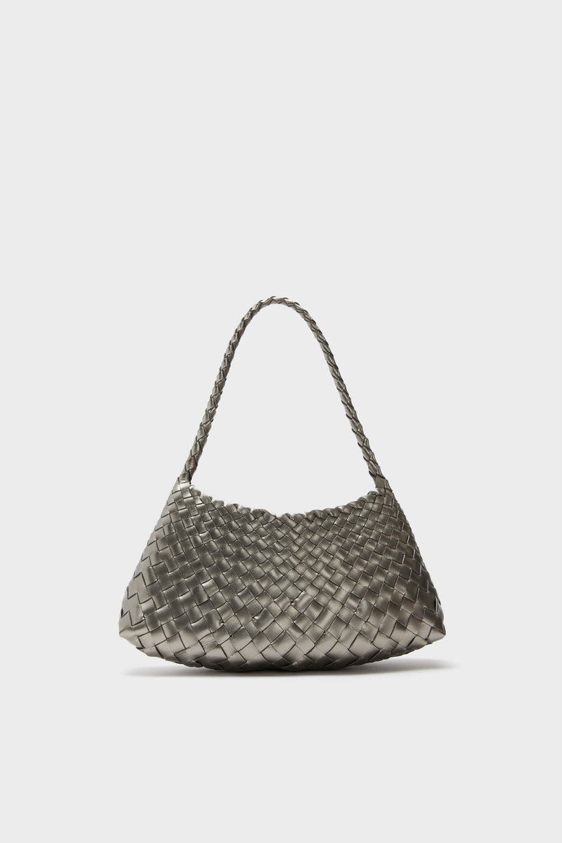 A hand-woven silver leather bag by Dragon Diffusion, featuring a single braided shoulder strap for timeless elegance.