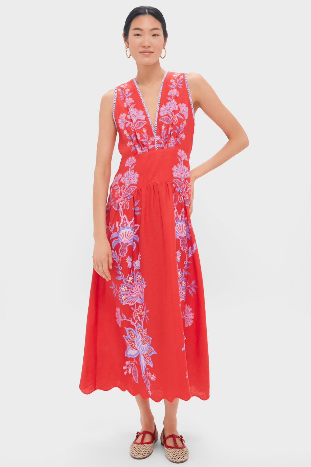 knee length dresses for ladies Porcelain Garden Red Midi Dress