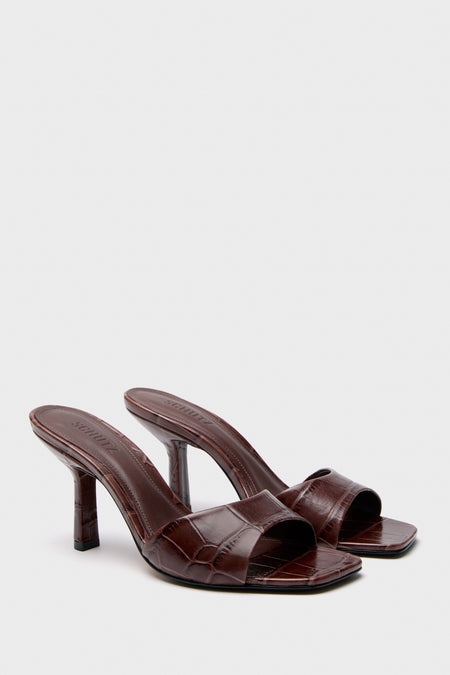 Root Brown Posseni Heels: classic open-toe heeled mules with croc-embossed leather, square toe, and angled stiletto heel, offering effortless, high-end style with a fun twist.