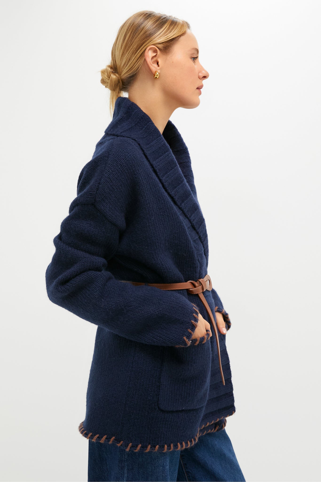 Navy and Brown Blanket Stitch Harrow Cardigan