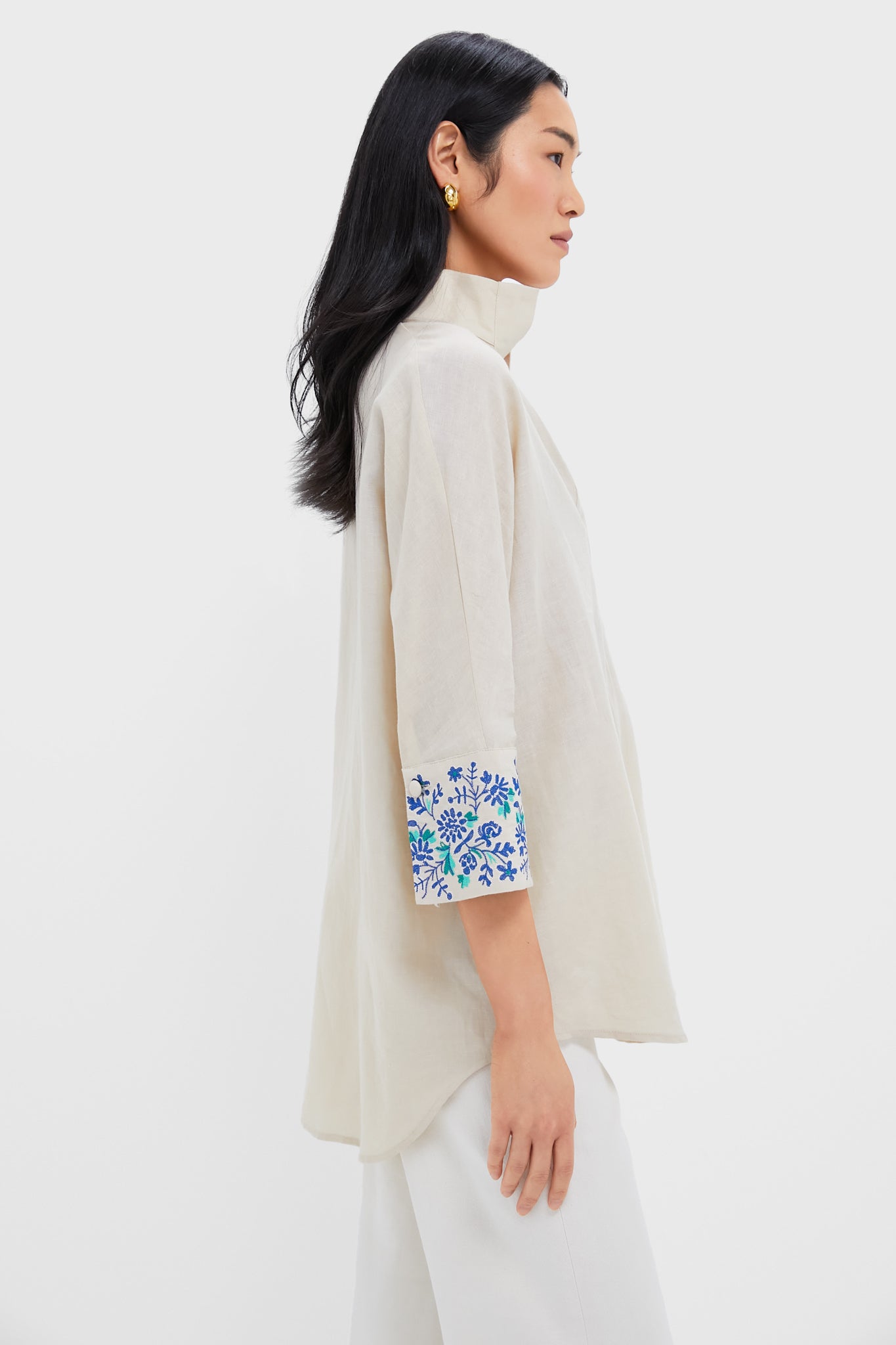 Tan Floral Cuff Cotton Linen Willow Blouse