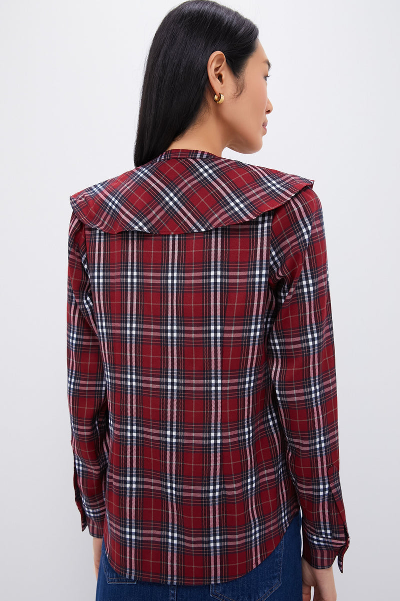 Red Plaid V Neck Ruffle Eileen Button Down
