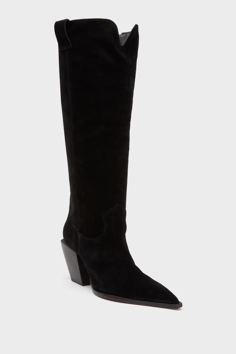 A single black suede knee-high cowboy boot by Schutz, featuring a pointed toe and angled block heel that highlights the classic style of pointed toe boots.