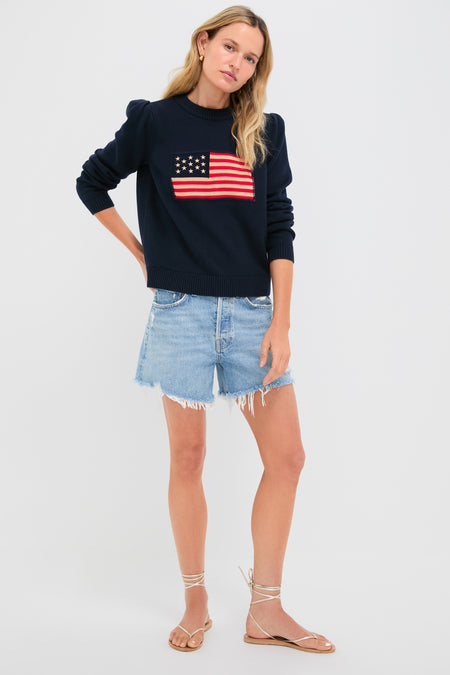 Navy Cropped Cotton Puff Sleeve Americana