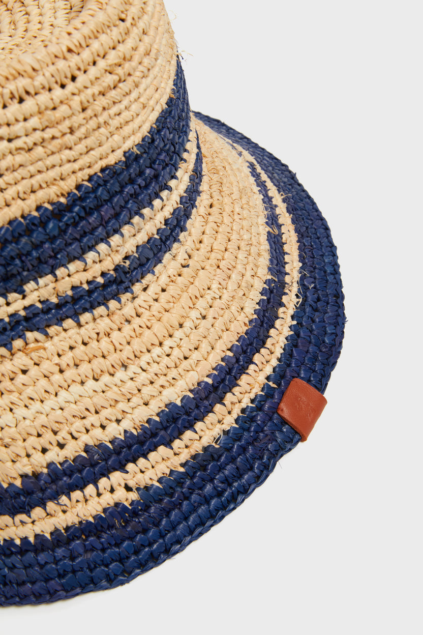 Natural and Navy Raffia Bucket Hat | STAUD