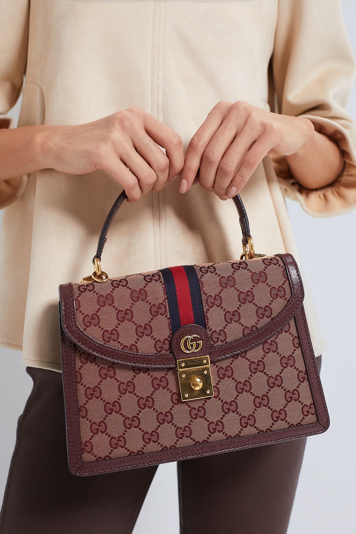 GUCCI Red Small GG Coated Canvas Ophidia Flap Top Handle Bag