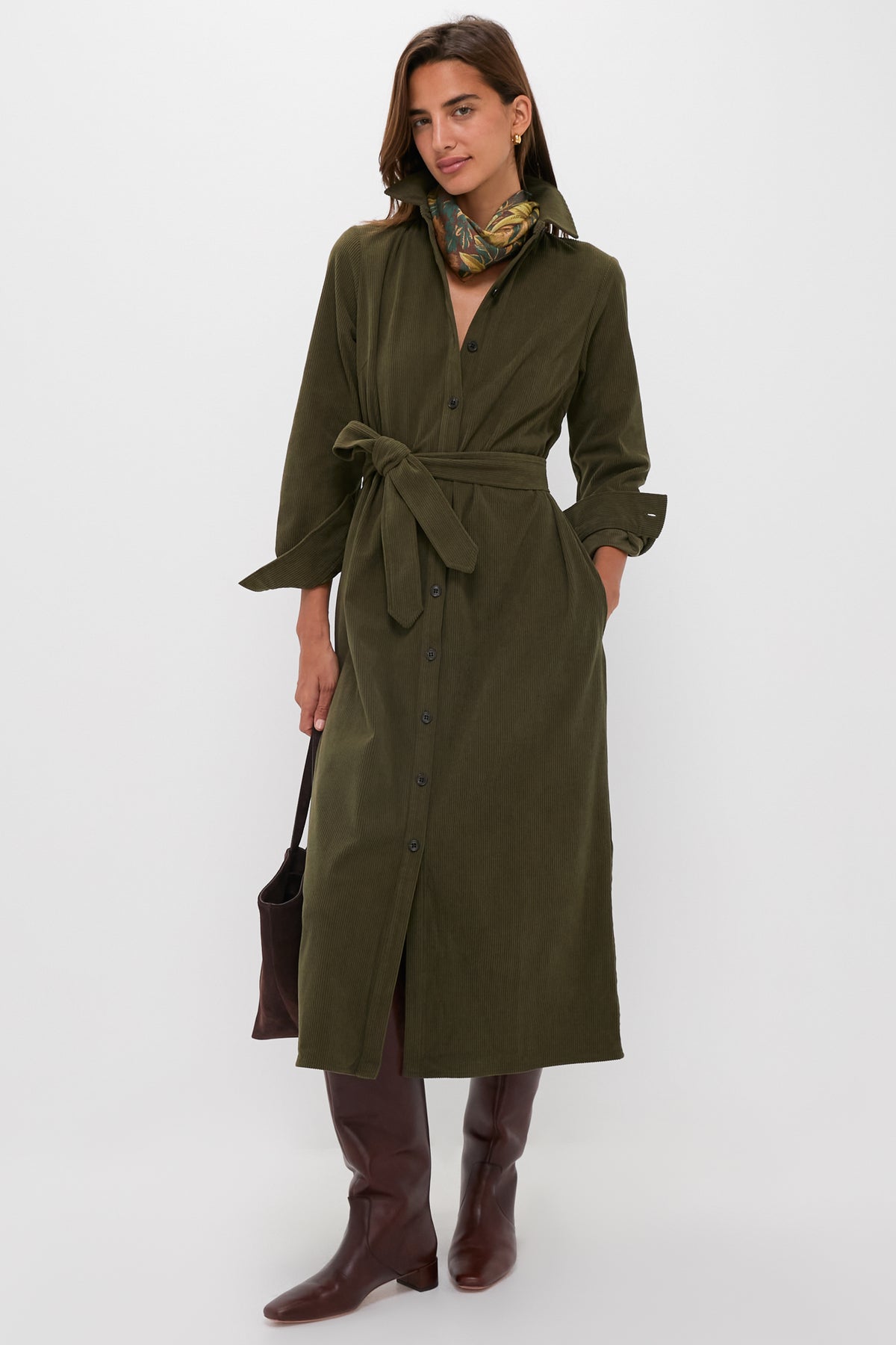 Olive Wide Wale Corduroy Tara Shirt Dress