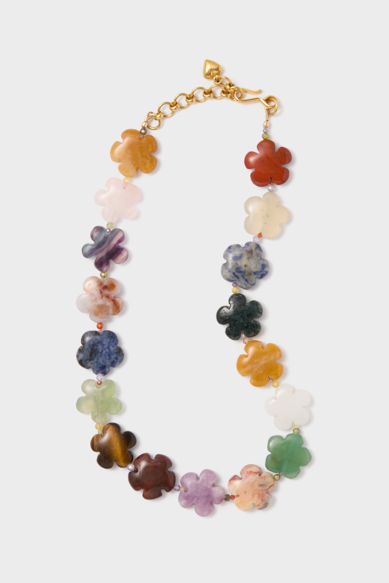 Introducing the Brinker + Eliza Multi Gemstone Bloom Necklace—a gold chain featuring multicolored gemstone flower beads in a single strand, perfect for anyone who loves unique handmade jewelry.