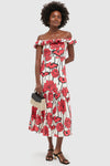 Red & Cream Floral Floral Off-the-Shoulder Giselle Dress