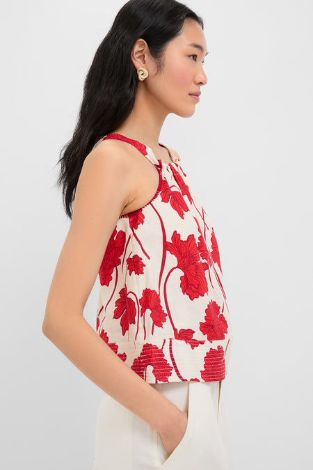 Cream and Red Noelle Floral Linen Halter Top