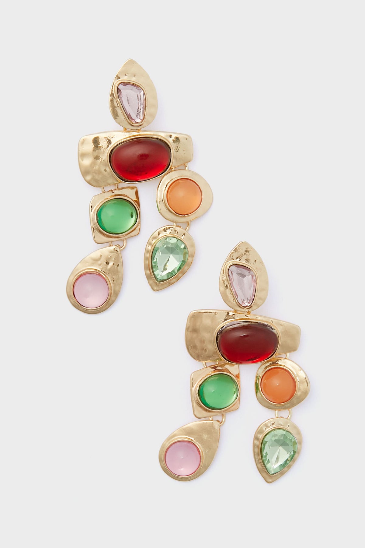 Petit Moments gold-plated geometric earrings showcase a textured finish with vibrant resin stones in red, green, pink, orange, and light purple.