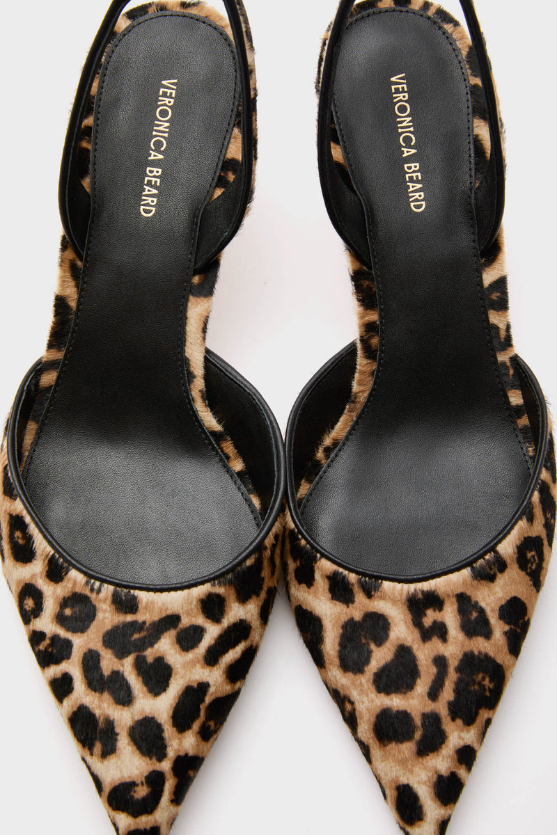 Leopard Caroline Heels: Classic pointed-toe slingback flats in leopard-print suede, featuring an elastic strap and kitten heel for an effortless, high-end look that's both fun and versatile.