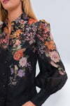 Black Multi Floral Pavilion Tie Neck Blouse