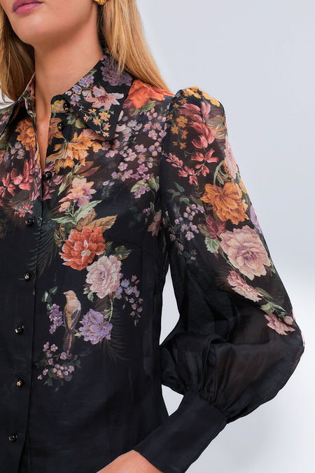 Black Multi Floral Pavilion Tie Neck Blouse