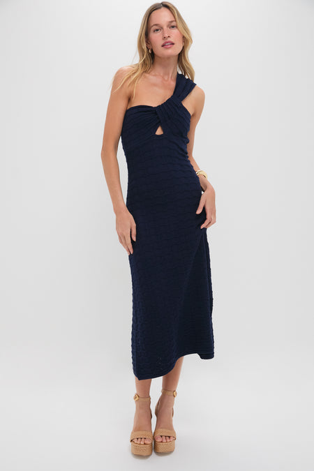 Navy Knit One Shoulder Nicole Midi Dress Hyacinth House
