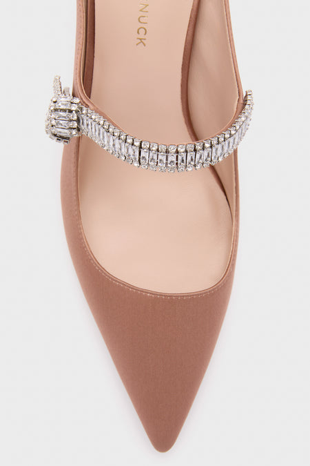 Mocha Satin Mae Heels: A classic, high-end women's dress shoe with a pointed toe and an effortless crystal-encrusted Mary-Jane strap, perfect for fun occasions.