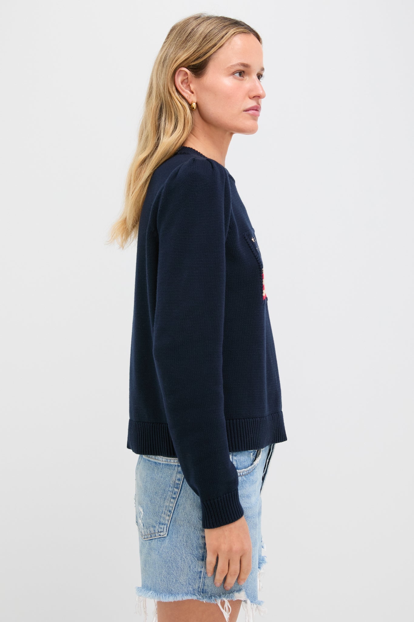 Navy Cropped Cotton Puff Sleeve Americana