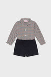 Burgundy Check Arlo Baby Boy Set: classic, effortless style with a checked shirt featuring mother-of-pearl buttons and navy shorts, embodying fun, high-end craftsmanship.