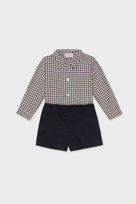 Burgundy Check Arlo Baby Boy Set: classic, effortless style with a checked shirt featuring mother-of-pearl buttons and navy shorts, embodying fun, high-end craftsmanship.