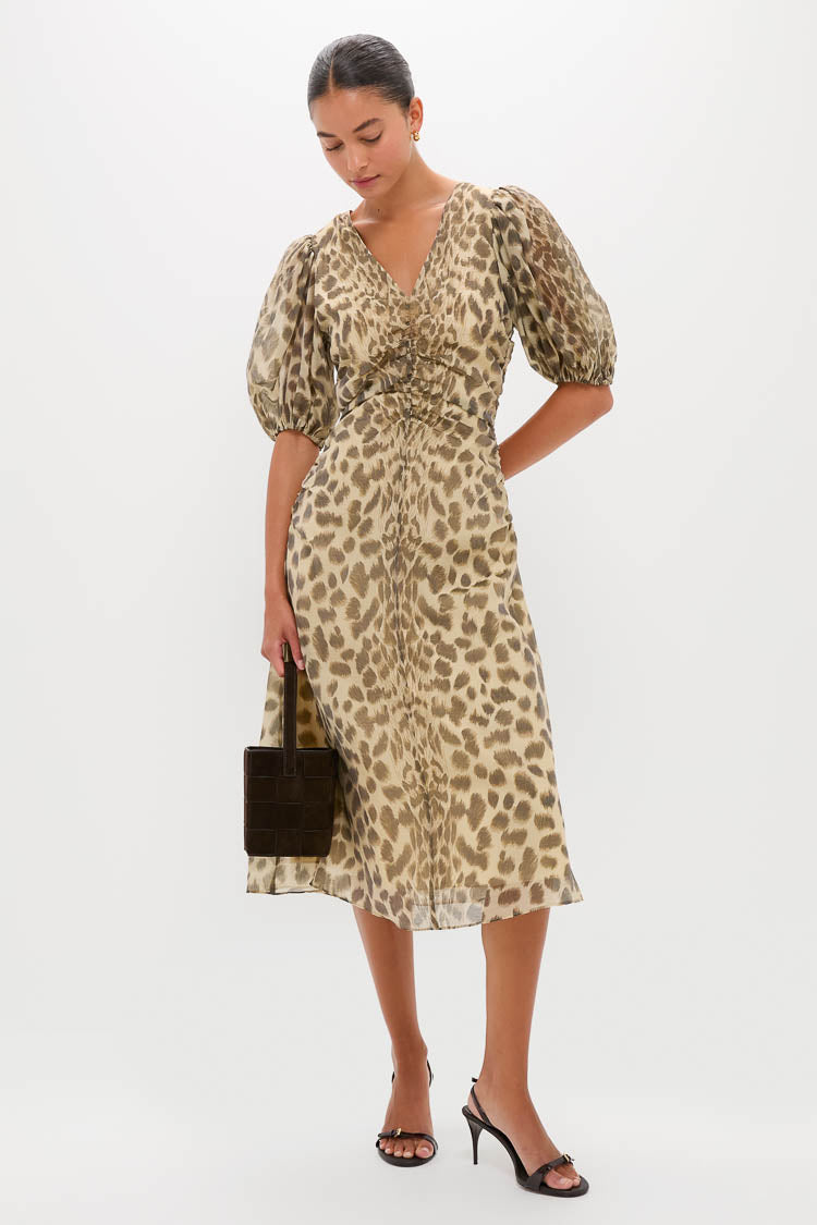 Cream Claude Print Puff Sleeve Midi Dress