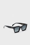 Classic Black Indio Sunglasses with cat-eye rectangular frames and gold AB logo, offering effortless style and fun sophistication with polarized, UV400 protection for a high-end look.