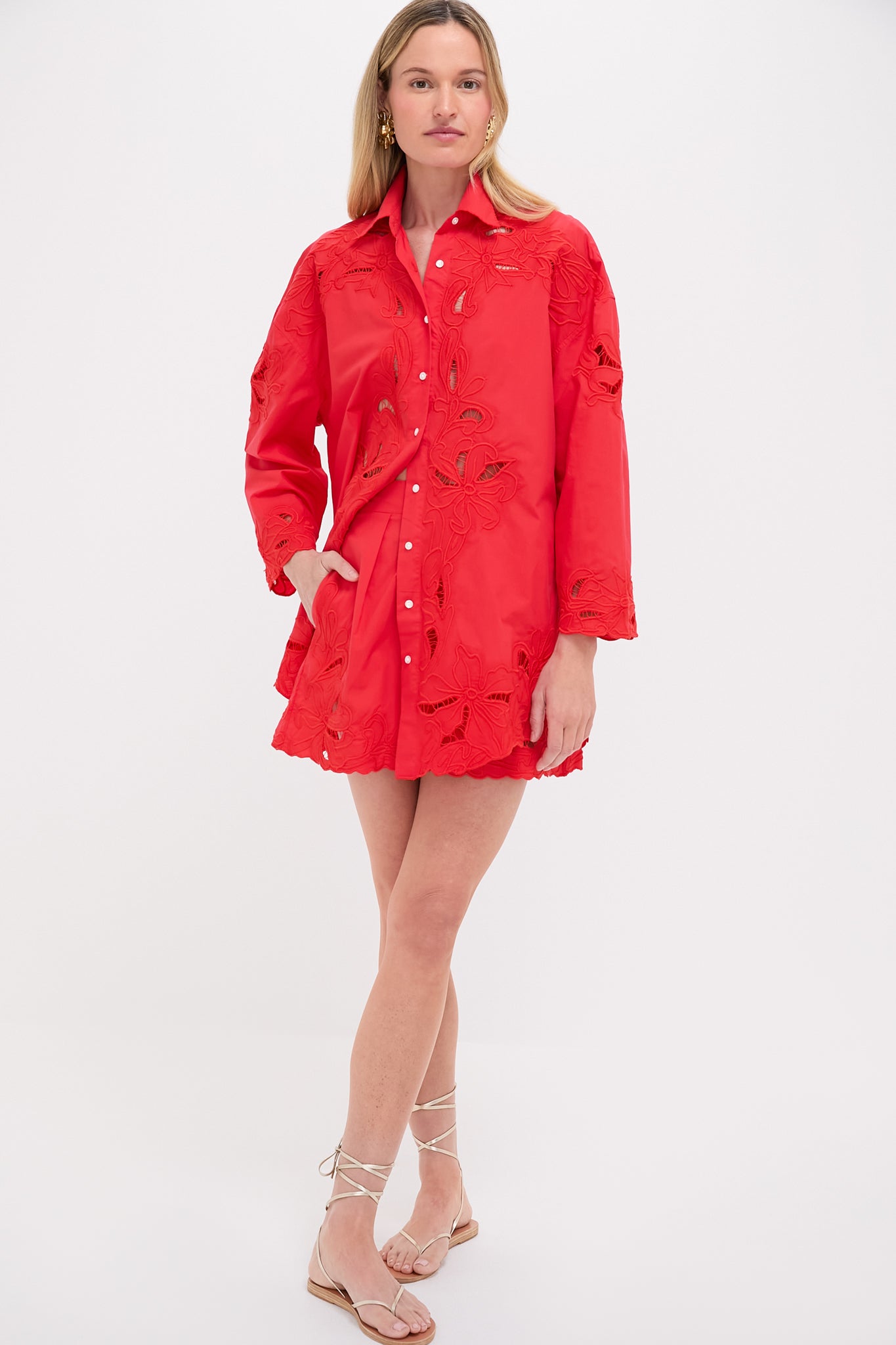 Red Poplin Wide Hem Shorts with Cut-Out Embroidery