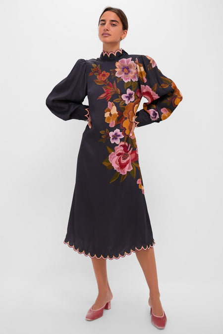 Black Chenille Flowers Midi Dress