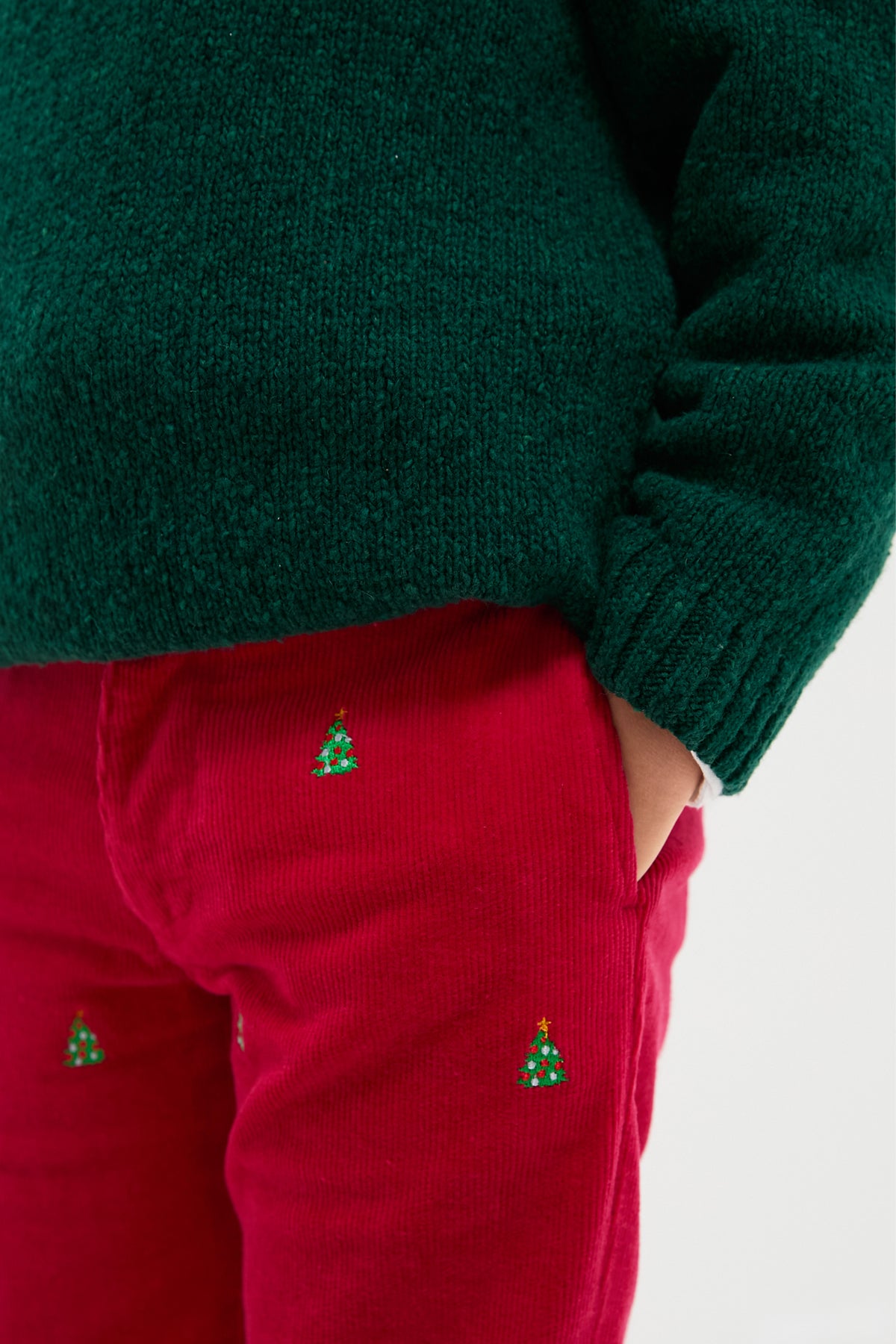 Crimson Christmas Tree Embroidered Boys Corduroy Pants
