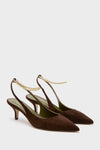 Dark Brown Felicia Slingback Heels in suede with a classic pointed toe, removable gold-tone ankle chain, and effortless kitten heel for a high-end, fun look.