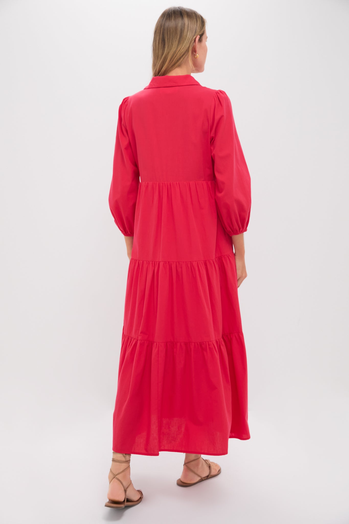 red cotton dress long sleeve Red Floral Cotton Maxi Dress - Hand Block Print Long Sleeve Tiered Dress