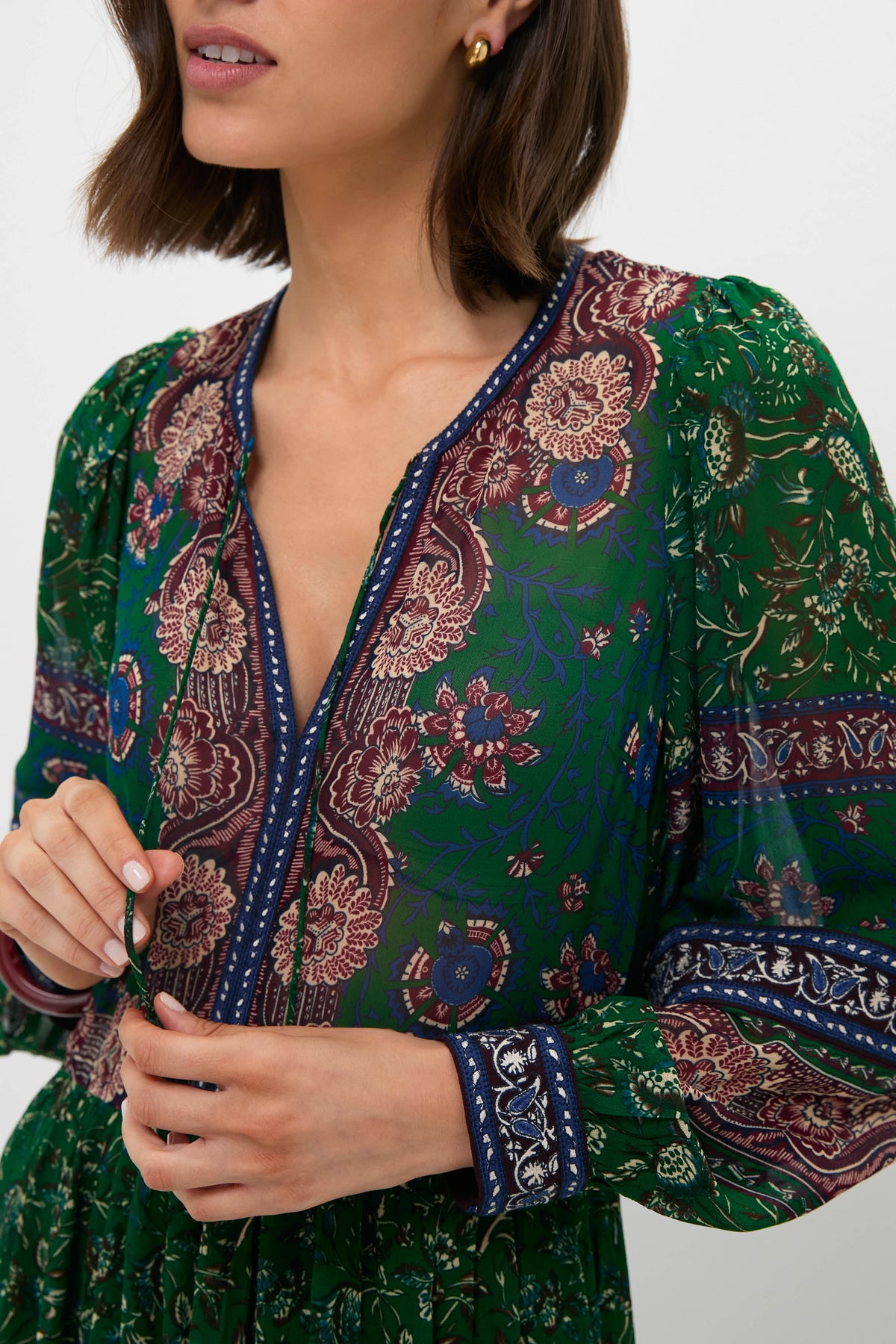 Green Melba Print Long Sleeve Midi Dress