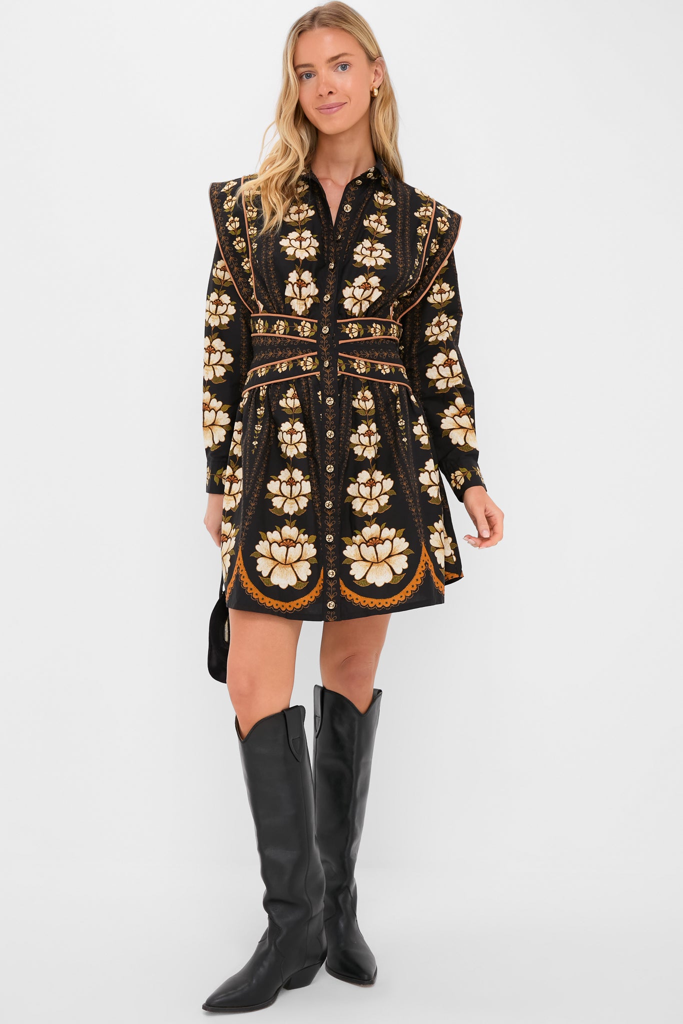 Woman in Black Embroidered Flowers Topstitching Long Sleeve Mini Dress with cowboy boots, showcasing an effortless, fun, and high-end classic look.
