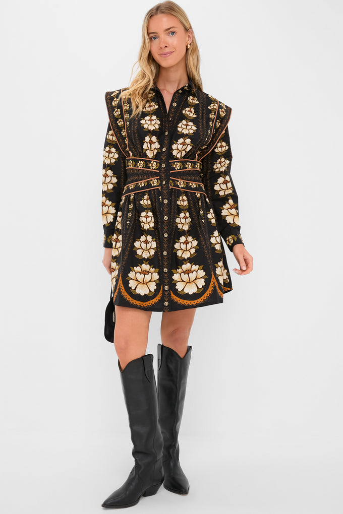 Black Embroidered Flowers Topstitching Long Sleeve Mini Dress | Farm Rio