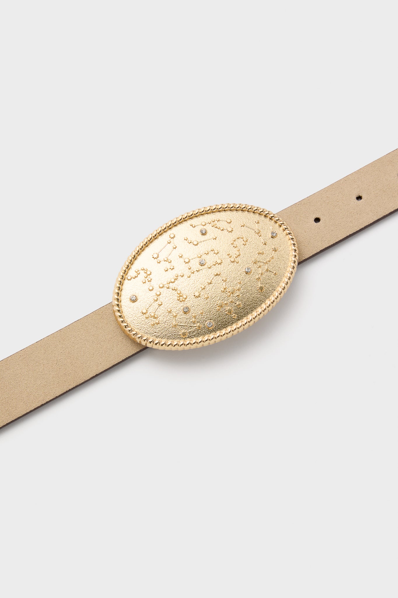 Gold Celeste Buckle with constellation motif and crystal stars; an effortless, high-end accessory for classic and fun styling.