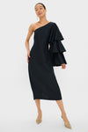 Black Bidi Bidi Bom Bom Tea Length Dress: A classic, high-end piece with an asymmetric neckline, ruffled sleeve, and effortless silhouette, perfect for fun, elegant occasions.