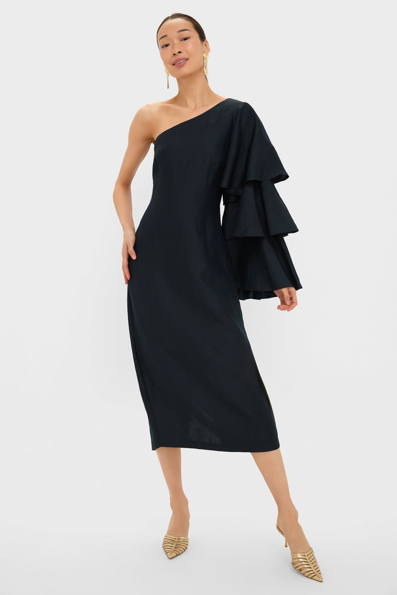 Black Bidi Bidi Bom Bom Tea Length Dress: A classic, high-end piece with an asymmetric neckline, ruffled sleeve, and effortless silhouette, perfect for fun, elegant occasions.