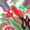 Abstract artwork featuring vibrant red, green, purple, and brown shapes and swirls. The bold composition bursts with overlapping organic forms for a colorful, eye-catching effect.