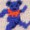 A blue cartoon bear wearing a red scarf is depicted walking or dancing playfully.