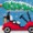 A dog and a penguin drive a red car through snow, carrying a sparkling Christmas tree on the roof.