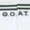 Close-up of the text G.O.A.T printed on a white surface, accented by two green horizontal stripes above the bold letters.