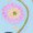 A simple drawing of a pink flower with a yellow center and a curved green stem, accented by soft blue tones.