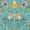 A symmetrical floral pattern featuring yellow, white, and red flowers with green leaves in a vibrant blue setting.