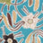 Abstract floral pattern featuring cream, brown, and black flowers with beige leaves and curving lines on vivid turquoise.