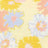 Pastel-colored floral pattern featuring yellow, pink, and light blue abstract flowers on a pale yellow background.