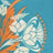 Close-up of a floral pattern with white and orange flowers, green stems and leaves, set against a blue motif.