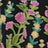 Close-up of a fabric adorned with pink, yellow, and green flowers and leaves in a lively floral pattern.